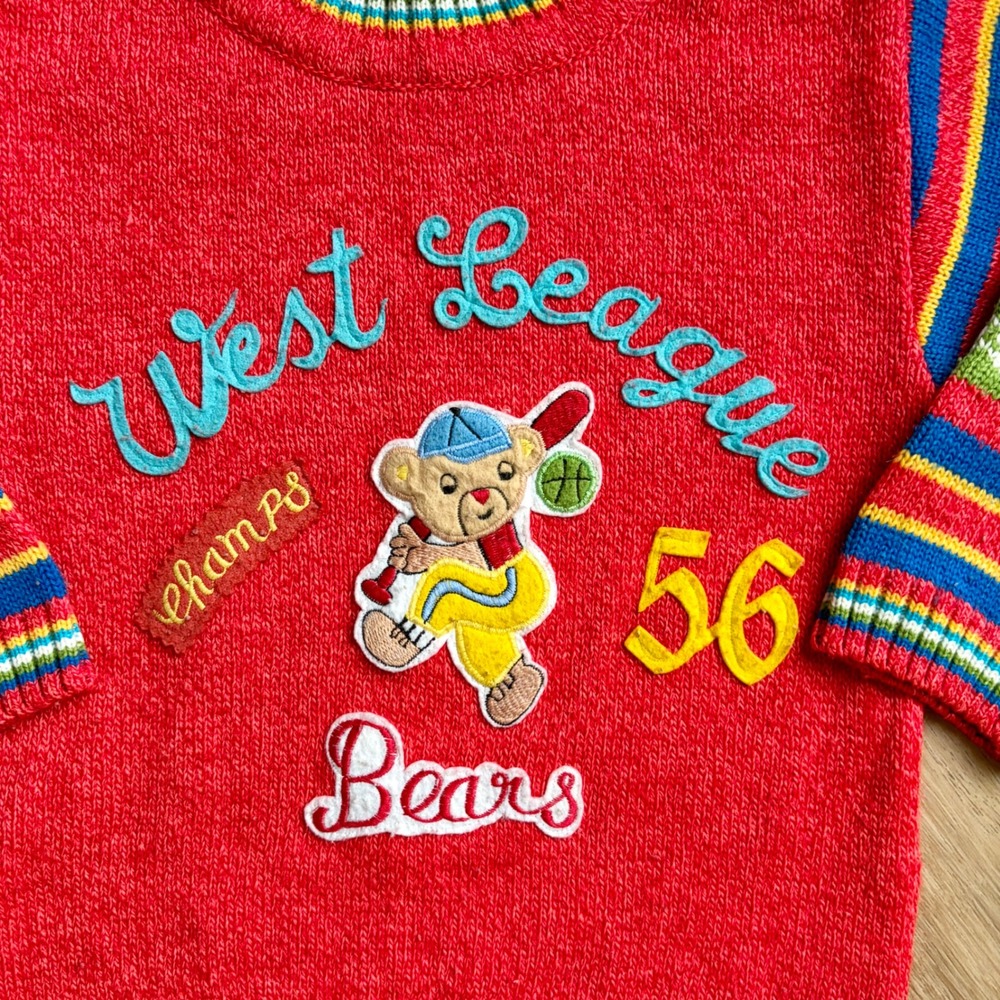 VTG Pankaj Kids 3T / 4T Sweater Red Teddy Bear Rainbow Striped Novelty Knit 90s - Picture 2 of 7